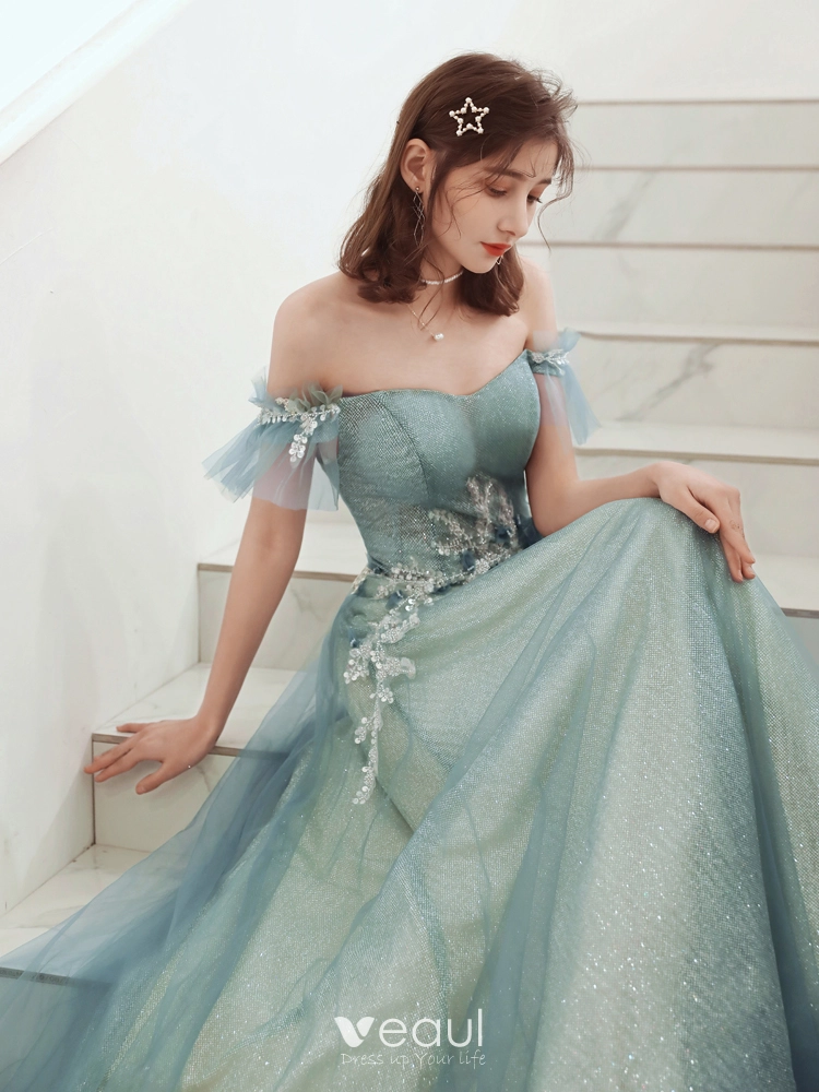 Charming Mint Green Lace Sequins Prom Dresses 2023 A-Line / Princess Square  Neckline Sleeveless Floor-Length /