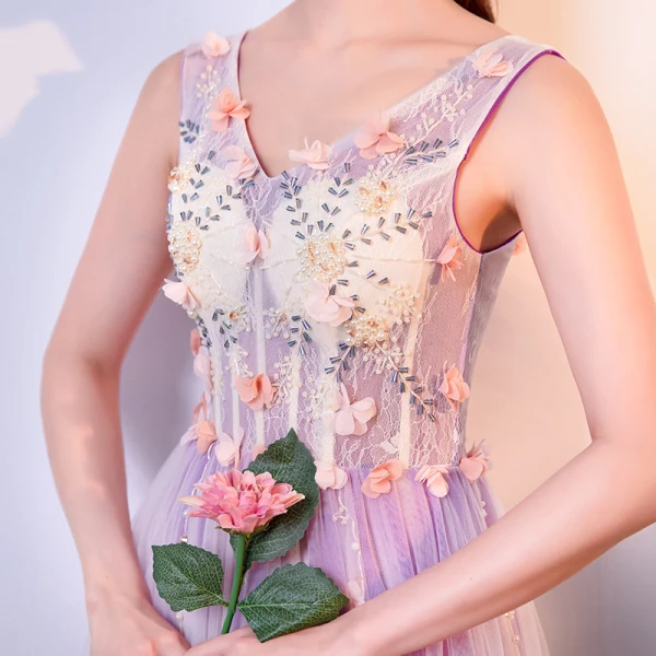 Elegant Lavender Prom Dresses 2018 A-Line / Princess Appliques Beading Crystal Pearl V-Neck Backless Sleeveless Floor-Length / Long Formal Dresses