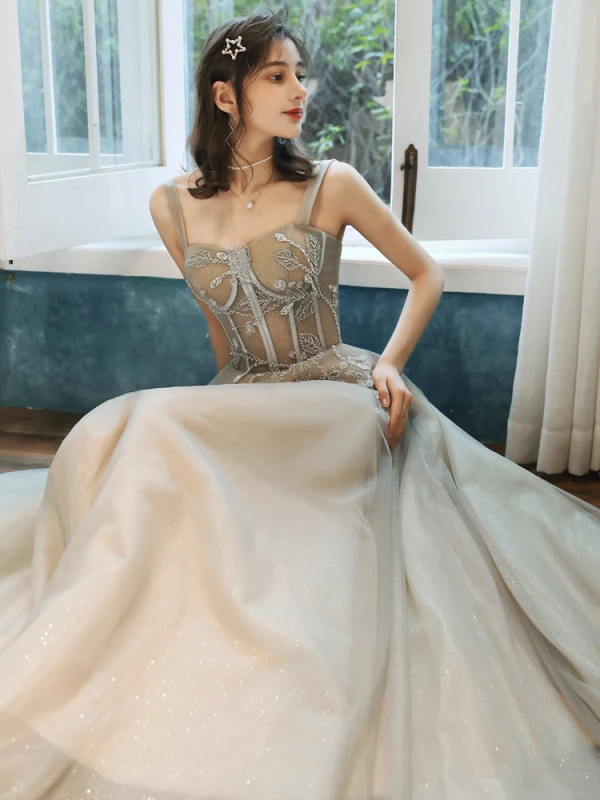 Élégant Champagne Robe De Soirée 2020 Princesse Encolure Carrée Perlage Paillettes Sans Manches Dos Nu Longue Robe De Ceremonie