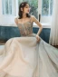 Élégant Champagne Robe De Soirée 2020 Princesse Encolure Carrée Perlage Paillettes Sans Manches Dos Nu Longue Robe De Ceremonie