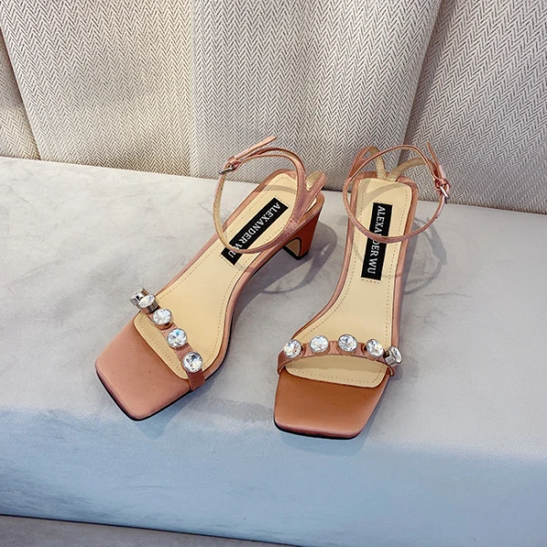 Fashion Champagne Evening Party Leather Womens Sandals 2020 Rhinestone Ankle Strap 6 cm Thick Heels Open / Peep Toe Sandals