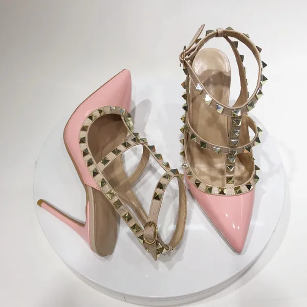 Sexy Blushing Pink Evening Party Rivet Womens Sandals 2020 10 cm Stiletto Heels Pointed Toe Sandals