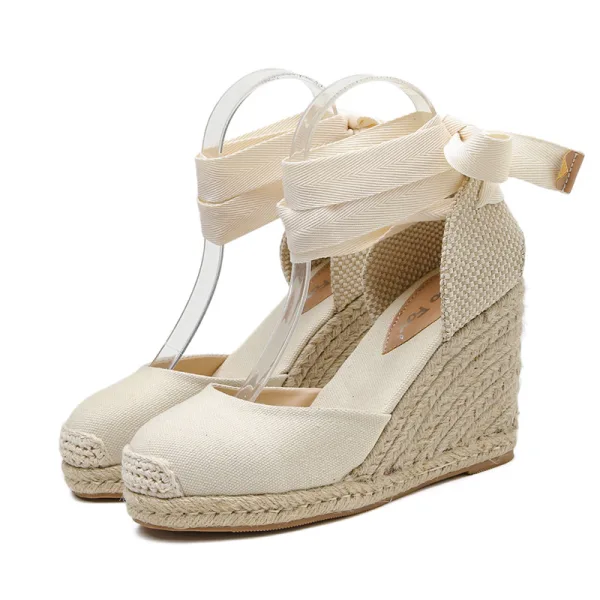 Chic / Belle Noire Vêtement de rue Tresser Sandales Femme 2020 Bride Cheville 10 cm Compensées Plateforme À Bout Rond Sandales