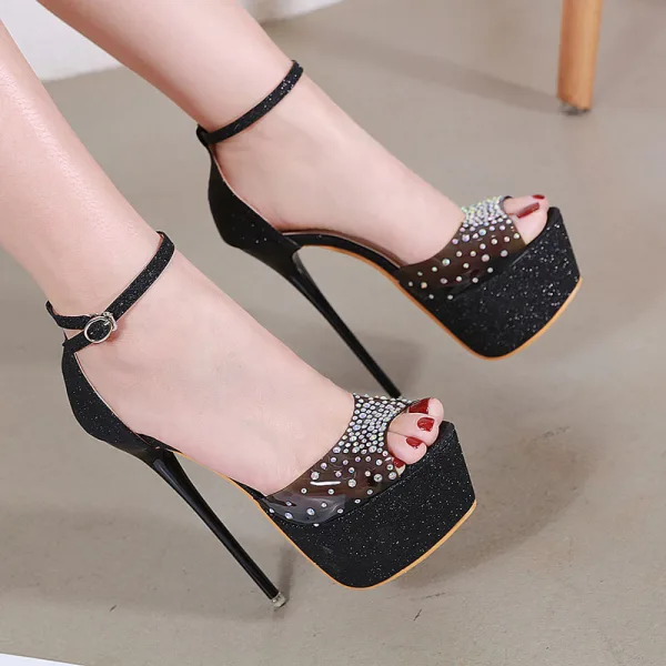 Sexy Noire Cocktail Sandales Femme 2020 Paillettes Faux Diamant Bride Cheville 17 cm Talons Aiguilles Peep Toes / Bout Ouvert Sandales
