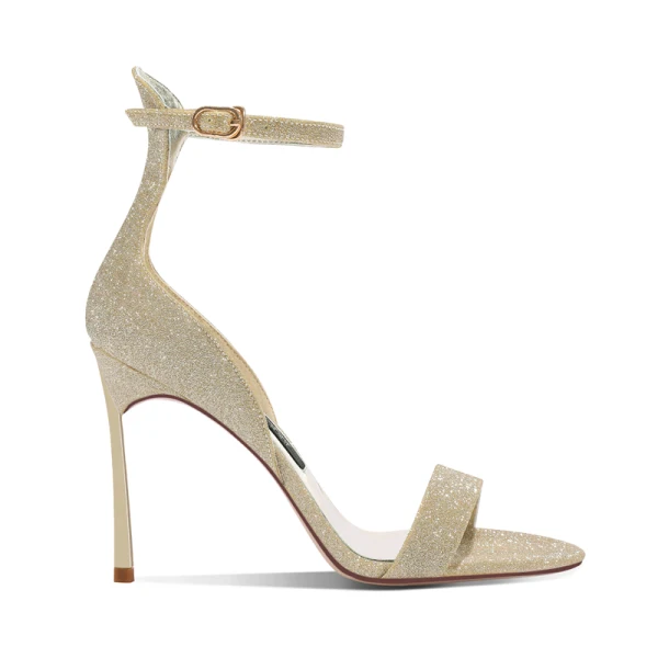 Sexy Sparkly Gold Evening Party Womens Sandals 2020 Leather Ankle Strap Sequins 10 cm Stiletto Heels Open / Peep Toe Sandals