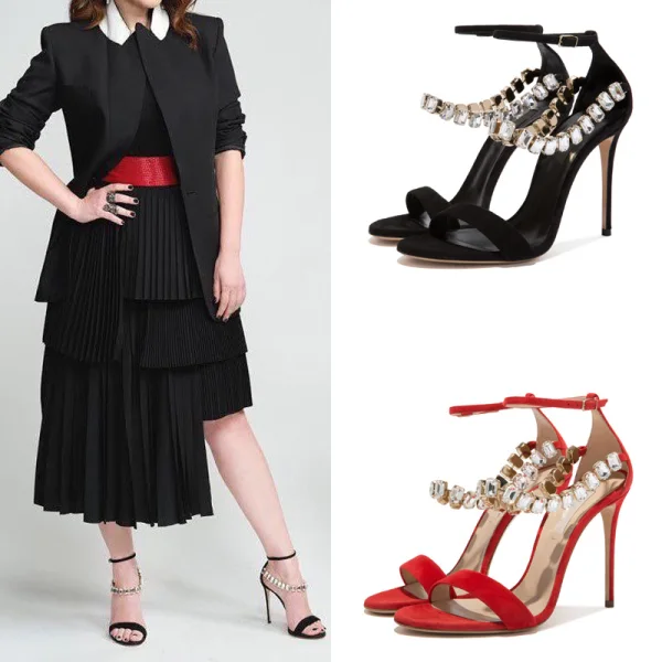 Sexy Rouge Cocktail Sandales Femme 2020 Faux Diamant Bride Cheville 10 cm Talons Aiguilles Peep Toes / Bout Ouvert Sandales