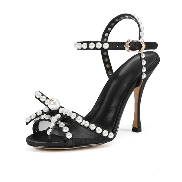 Sexy Noire Cocktail Perle Noeud Sandales Femme 2020 Cuir Faux Diamant 10 cm Talons Aiguilles Peep Toes / Bout Ouvert Sandales