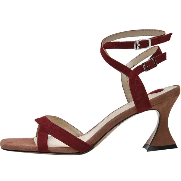 Schlicht Burgunderrot Freizeit Sandalen Damen 2020 Leder Knöchelriemen 7 cm Stilettos Peeptoes Sandaletten