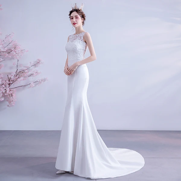 Affordable White Trumpet / Mermaid Wedding Dresses 2020 Scoop Neck Lace Flower Sleeveless Backless Sweep Train