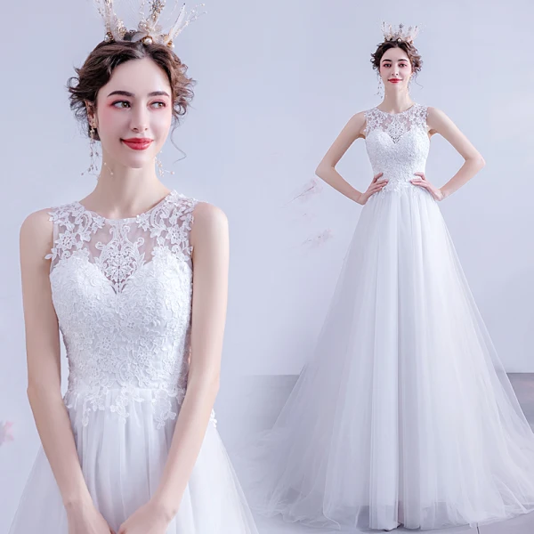 Élégant Ivoire Robe De Mariée 2020 Princesse Encolure Dégagée En Dentelle Fleur Sans Manches Tribunal Train