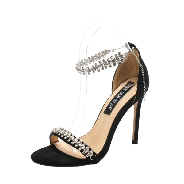 Sexy Black Evening Party Womens Sandals 2020 Rhinestone Ankle Strap 10 cm Stiletto Heels Open / Peep Toe Sandals
