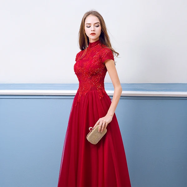 Chic / Beautiful Burgundy Evening Dresses 2018 A-Line / Princess Beading Lace Sequins Crystal High Neck Floor-Length / Long Short Sleeve Formal Dresses