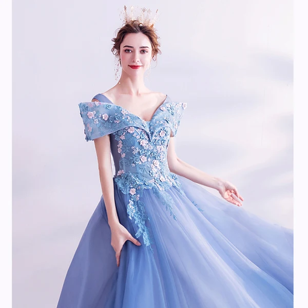Flower Fairy Pool Blue Prom Dresses 2020 A-Line / Princess V-Neck Pearl Lace Flower Short Sleeve Backless Floor-Length / Long Formal Dresses