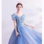 Flower Fairy Pool Blue Prom Dresses 2020 A-Line / Princess V-Neck Pearl Lace Flower Short Sleeve Backless Floor-Length / Long Formal Dresses