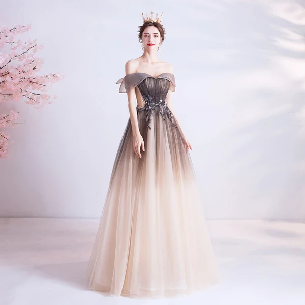 Élégant Chocolat Dégradé De Couleur Robe De Bal 2020 Princesse De l'épaule Perlage Paillettes Manches Courtes Dos Nu Longue Robe De Ceremonie