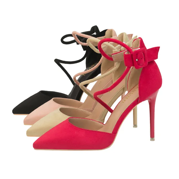 Chic / Beautiful Fuchsia Cocktail Party Suede Womens Sandals 2020 Ankle Strap 10 cm Stiletto Heels Pointed Toe Sandals