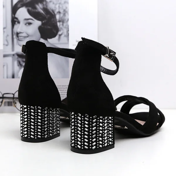 Chic / Belle Noire Vêtement de rue Daim Sandales Femme 2020 Bride Cheville 5 cm Talons Épais Peep Toes / Bout Ouvert Sandales
