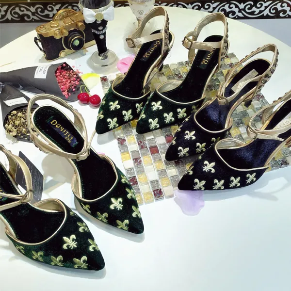 Vintage / Originale Bleu D'encre Vêtement de rue Daim Sandales Femme 2020 Brodé 9 cm Talons Aiguilles À Bout Pointu Sandales