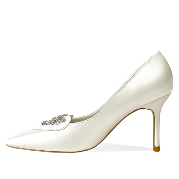 Piękne Białe Rhinestone Buty Ślubne 2020 Skórzany 8 cm Szpilki Szpiczaste Ślub Czółenka
