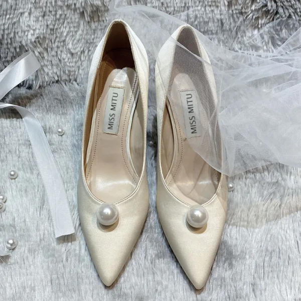 Elegante Weiß Perle Brautschuhe 2020 Leder 10 cm Stilettos Spitzschuh Hochzeit Pumps
