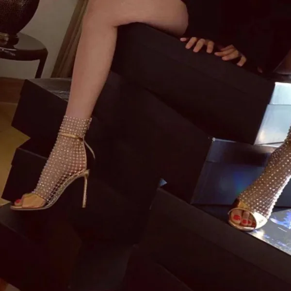 Charming Black Cocktail Party Rhinestone Womens Sandals 2020 Leather 10 cm Stiletto Heels Open / Peep Toe Sandals