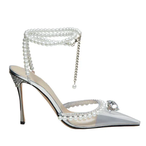 Sexy Silver Cocktail Party Rhinestone Womens Sandals 2020 Leather Pearl Ankle Strap 8 cm Stiletto Heels Pointed Toe Sandals