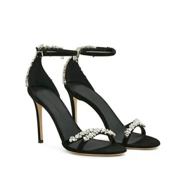 Charmant Noire Soirée Faux Diamant Sandales Femme 2020 Cuir Bride Cheville 10 cm Talons Aiguilles Peep Toes / Bout Ouvert Sandales