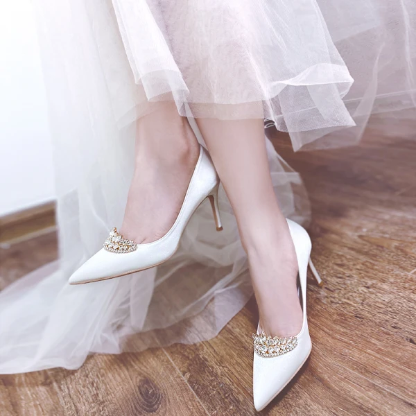 Charmant Weiß Strass Brautschuhe 2020 Leder 10 cm Stilettos Spitzschuh Hochzeit Pumps