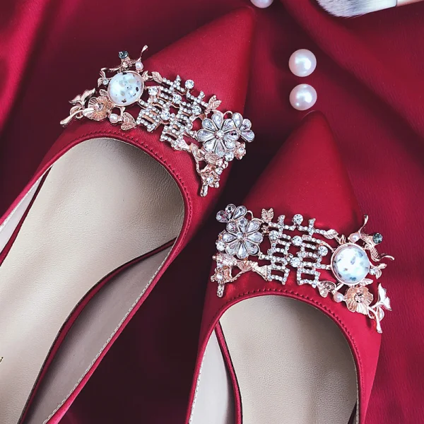 Piękne Czerwone Rhinestone Buty Ślubne 2020 Skórzany 7 cm Szpilki Szpiczaste Ślub Czółenka