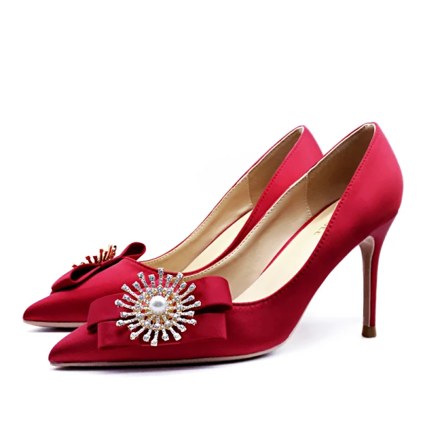 Elegant Burgundy Leather Wedding Shoes 2020 Pearl Rhinestone Bow 10 cm Stiletto Heels Pointed Toe Wedding Pumps