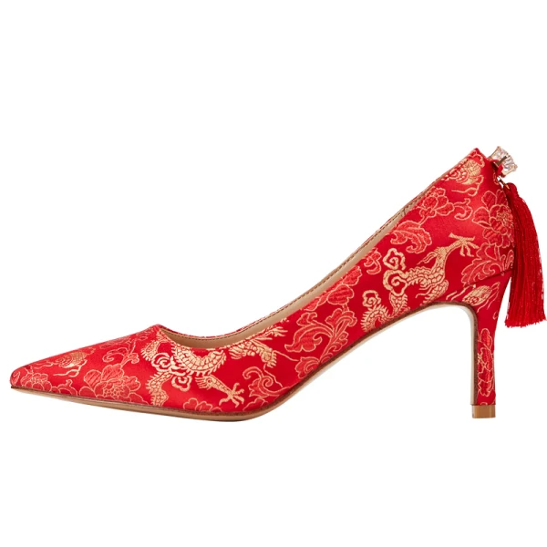 Mode Guld Brudskor 2020 Broderade 7 cm Stilettklackar Spetsiga Bröllop Pumps