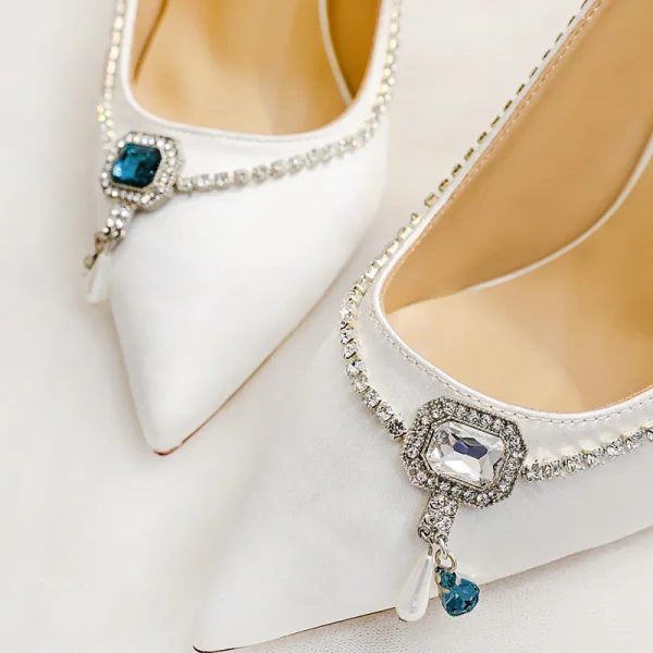 Fashion White Wedding Shoes 2020 Leather Rhinestone 8 cm Stiletto Heels Pointed Toe Wedding Pumps