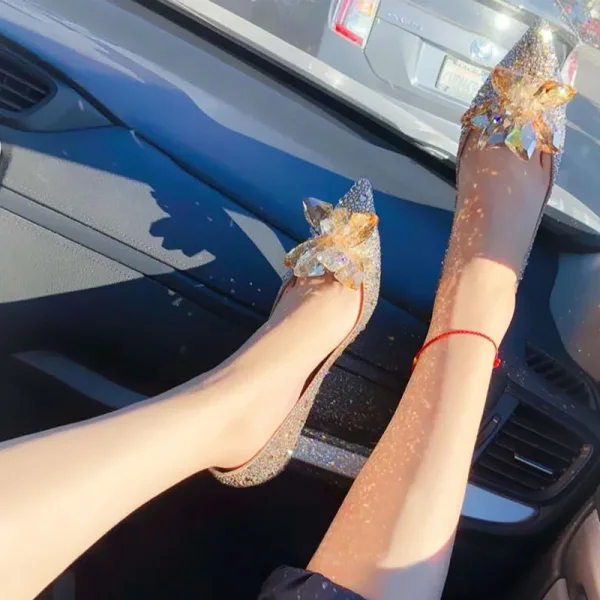 Charmant Champagne Cristal Chaussure De Mariée 2020 Faux Diamant 9 cm Talons Aiguilles À Bout Pointu Mariage Escarpins