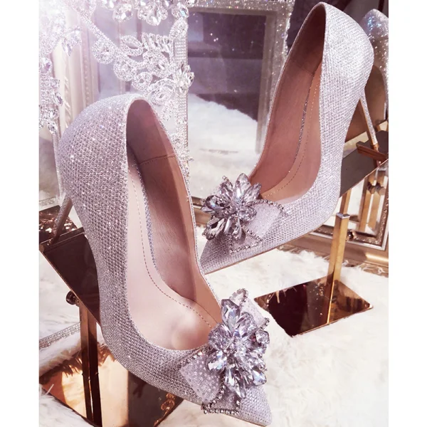 Charmig Silver Kristall Brudskor 2020 Rhinestone 10 cm Stilettklackar Spetsiga Bröllop Pumps