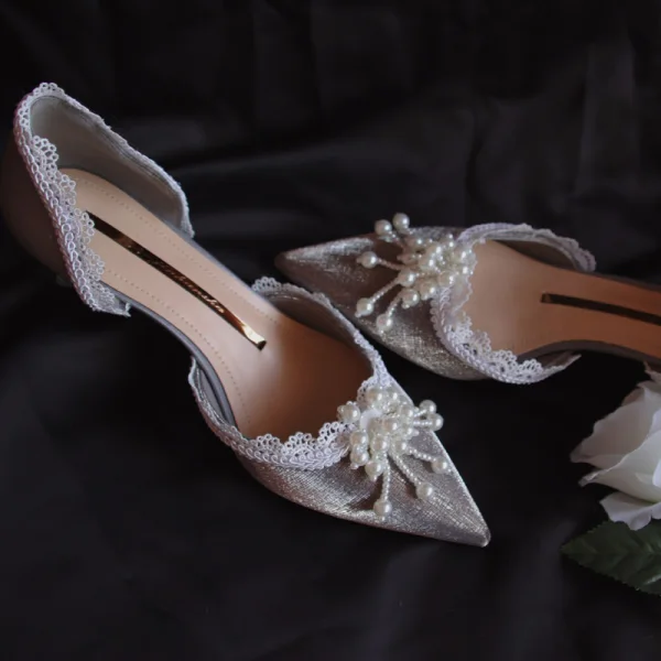 Elegant Grey Dating Pearl Womens Sandals 2020 Leather Lace Flower 4 cm Stiletto Heels Low Heel Pointed Toe Sandals