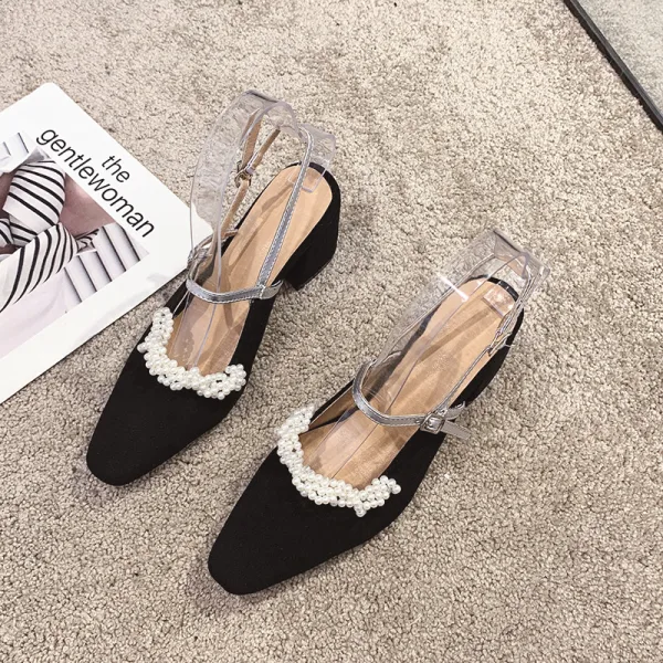 Elegante Schwarz Datierung Perle Slingpumps Sandalen Damen 2020 Wildleder 6 cm Thick Heels Quadratische Zehe Sandaletten