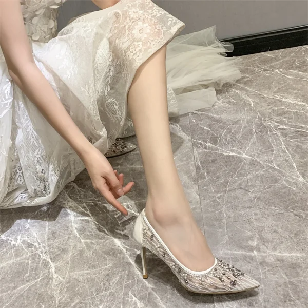 Charming White Lace Wedding Shoes 2020 Pearl Rhinestone 10 cm Stiletto Heels Pointed Toe Wedding Pumps