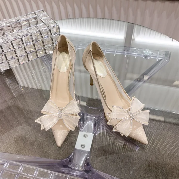 Charmant Beige Strass Schleife Brautschuhe 2020 10 cm Stilettos Spitzschuh Hochzeit Pumps
