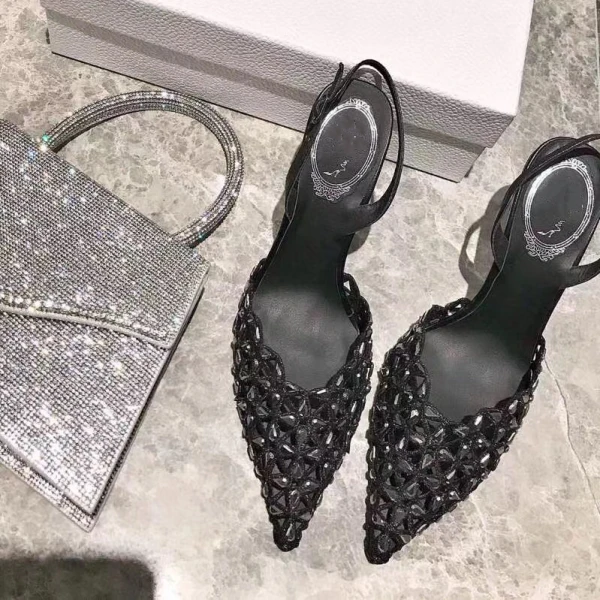 Charming Silver Cocktail Party Rhinestone Womens Sandals 2020 Leather Slingbacks 10 cm Stiletto Heels Pointed Toe Sandals