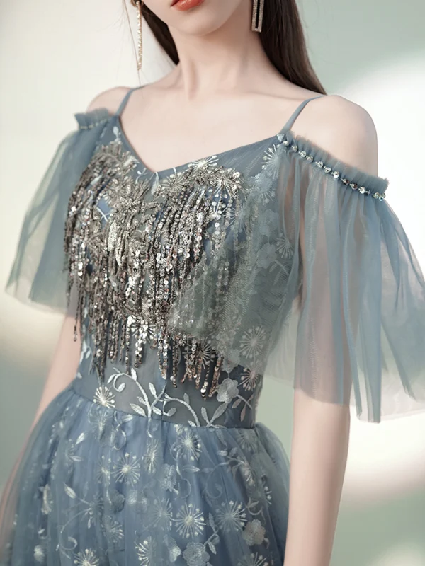 Charmant Himmelblau Grau Abendkleider 2020 Off Shoulder Perlenstickerei Pailletten Spitze Blumen Kurze Ärmel Rückenfreies Lange Festliche Kleider