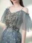 Charmant Himmelblau Grau Abendkleider 2020 Off Shoulder Perlenstickerei Pailletten Spitze Blumen Kurze Ärmel Rückenfreies Lange Festliche Kleider