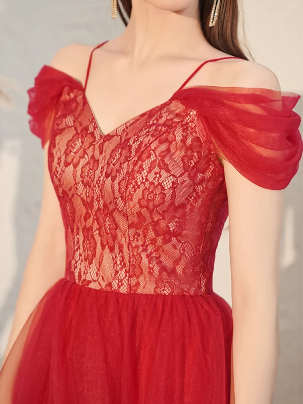 Charming Burgundy Evening Dresses 2020 A-Line / Princess Off-The-Shoulder Lace Short Sleeve Backless Cascading Ruffles Floor-Length / Long Formal Dresses