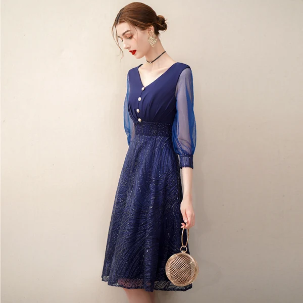 Chic / Beautiful Navy Blue Homecoming Sequins Graduation Dresses 2020 A-Line / Princess V-Neck 3/4 Sleeve Knee-Length Formal Dresses