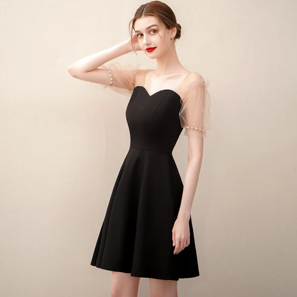 Chic / Beautiful Black Homecoming Short Graduation Dresses 2020 A-Line / Princess Square Neckline Pearl Short Sleeve Backless Formal Dresses