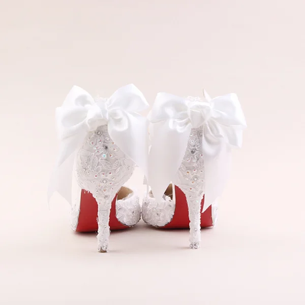 Elegant Ivory Wedding Shoes 2020 Rhinestone Lace Flower Bow 9 cm Stiletto Heels Pointed Toe Wedding Sandals