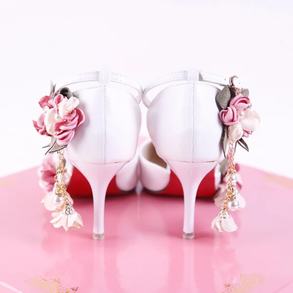 Chic / Beautiful White Flower Outdoor / Garden Womens Sandals 2020 Ankle Strap 9 cm Stiletto Heels Pointed Toe Sandals