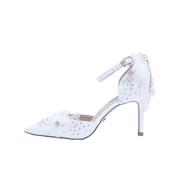 Elegant White Wedding Shoes 2020 Ankle Strap Pearl Rhinestone Lace Flower 9 cm Stiletto Heels Pointed Toe Wedding Sandals