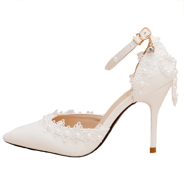 Élégant Ivoire Chaussure De Mariée 2020 Perle Bride Cheville En Dentelle Fleur 9 cm Talons Aiguilles À Bout Pointu Mariage Sandales