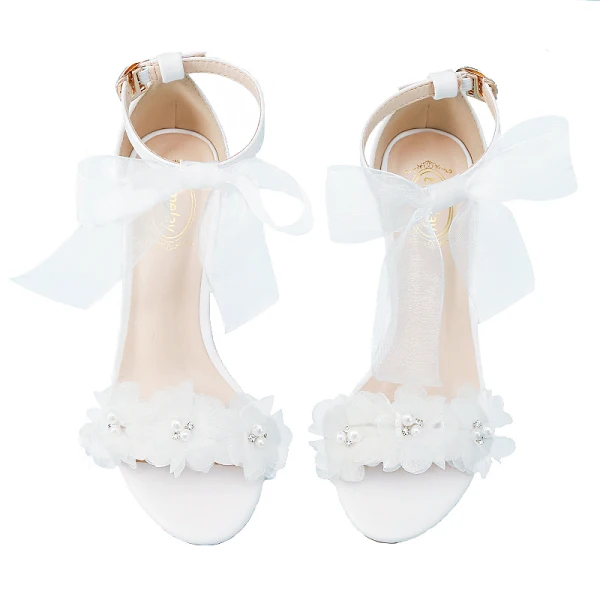 Chic / Beautiful White Outdoor / Garden Womens Sandals 2020 Bow Ankle Strap Pearl Rhinestone 7 cm Stiletto Heels Open / Peep Toe Sandals