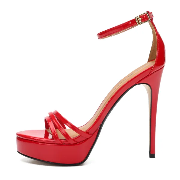 Modest / Simple Black Street Wear Womens Sandals 2020 Patent Leather Ankle Strap 13 cm Stiletto Heels Open / Peep Toe Sandals